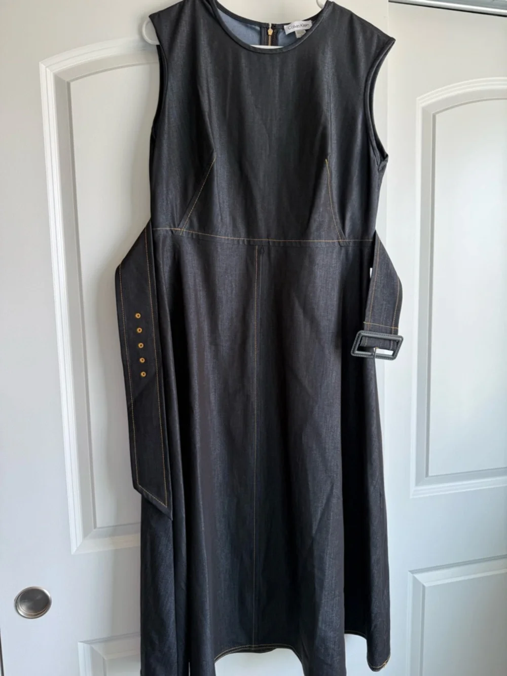 Calvin Klein Denim Shift Dress with Yellow Stitching & Belt - Picture 3 of 4